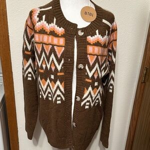 NWT BiBi Chocolate Cardigan with Vibrant Pattern